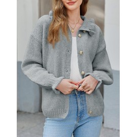 Saodimallsu Womens Ruffle Cardigan Oversized Button Up Fall Trendy Ribbed Knit Open Front Long Sleeve Loose Cute Sweater Grey