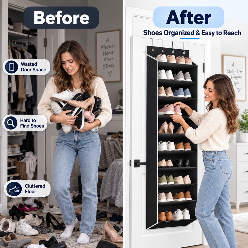 Over-the-Door Shoe Organizer for Space-Saving Storage – 10-Tier Deep Pocket