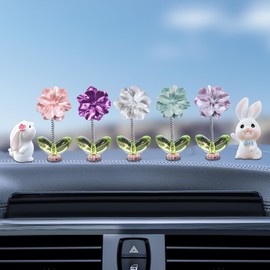 Kurilai 7pcs Cute Car Rearview Mirror Accessories, Funny Bunny Car Ornament, Shaking Spring Colorful Flower Car Dashboard Decoration, Camellia Car Interior Decor Festival Car Present for Men Women