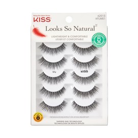 KISS KISS Looks So Natural False Eyelashes Multipack, Lightweight & Comfortable, Tapered End Technology, Reusable, Cruelty-Free, Contact Lens Friendly, Style 'Shy', 5 Pairs Fake Eyelashes
