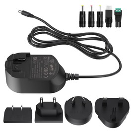 12V 2A Power Supply,Universal AC Adapter 100-240V 50-60Hz to 12V DC in Power Cord with 4 Detachable Plug (US/EU/AU/UK) & 5 DC Tips，for LED Strip Light,CCTV,Routers (Compatible 12V 1.5A/1A UL Listed