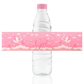 URROMA Baby Shower Water Bottle Labels, 48 Pcs Pink Water Bottle Wrappers Baby Gender Reveal Water Bottle Labels Stickers for Girls