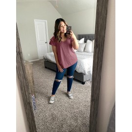 Summer Burgundy Tops for Women Short Sleeve Ruffle V Neck Casual T-Shirts Plus Size XXL