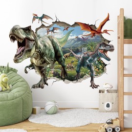 SHUCHING Large 3D Dinosaur Wall Decals Peel and Stick, Vinyl Crack Hole Dino Wall Sticker, Tropical Animal Wall Decor Art for Boys Nursery Baby Playroom Kids Bedroom