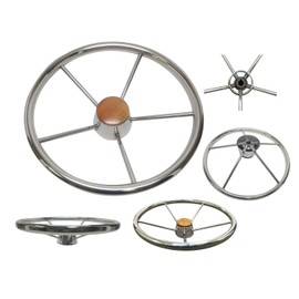 Pactrade Marine 13 1/2" Destroyer SS 304 Steering Wheel 5 Spoke Teak Wood Cap