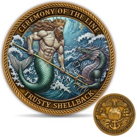 Navy Shellback Crossing The Line Challenge Coin – Trusty Shellback Ceremony Design with Colorful UV Details, Heavyweight Military Challenge Coin with Acrylic Case (1 Pack)