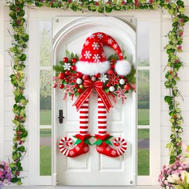 BlissYard Elf Legs Door Cover 71x35 Inch Christmas Banner for Front Door Outdoor Indoor Decorations Large Xmas Holiday Backdrop with Red White Striped Hat Curly Shoes Garland Bow Hanging Ornament