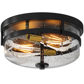 DWVO Black Flush Mount Ceiling Light Fixtures, 2-Ligh Ceiling Mount for Farmhouse with Seeded Glass Lampshade Industrial Flush Mount Light Fixture for Hallway, Kitchen, Entryway and Foyer Narrow Edge