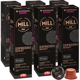 Mr & Mrs Mill Dark Roast Espresso Pods – K-fee® & Starbucks Verismo* Compatible, Coffee Capsules | 60 Count (6 Boxes x 10 Pods) | 100% Arabica | Bold, Full-Bodied | Single-Serve Espresso