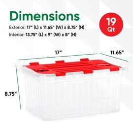 Superio Christmas Storage Box with Red Hinged Lids, Plastic Container Bins for Organizing with Attached Lid, Stackable Crates, BPA Free, Organizers for Home, Office, and Dorm (17"x11.65"x8.75)