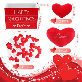 Wlicon Valentine's Day Decor Wooden Created, Valentine's Day Wood Box Sign with 3 Pcs Plush Hearts and 50 Pcs Fabric Hearts Set Valentines Table Decorations for Wedding Anniversary Party Home Dector