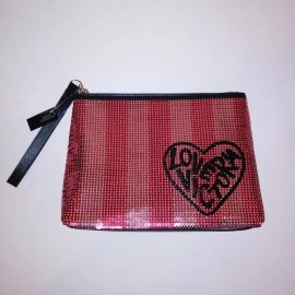 Victoria's Secret Make Up Bag Cosmetic Black Pink Sequin Bling Clutch New
