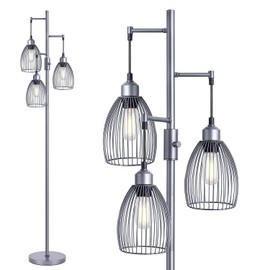 Nintiue Dimmable Floor Lamp, 3 x 800LM LED Edison Bulbs Included, Industrial Floor Lamp Standing Tree Lamp with Elegant Teardrop Cage Heads Tall Lamps for Living Room Bedroom-Grey