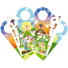 32Pcs Make an Easter He Lives Sticker Scenes Door Nob Hangers, DIY Easter Jesus Resurrection Stickers Nativity Stickers Bible Games for Easter Kids Classroom Party Religious Spring Activity 