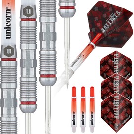 Unicorn Steel Tip Darts Set | Ballista Style 2 | 90% Natural Tungsten Barrels with Red Accents & Volute Points | 24 g