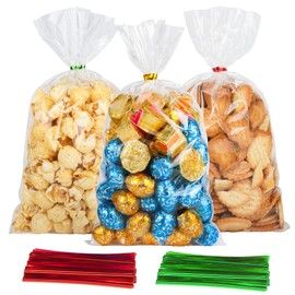 Soarvita 100 Pack Clear Cellophane Treat Bags: 6×10 Inch Clear Plastic Gift Bags with 110 Red & Green Twist Ties for Packaging Candy, Cookies, Goodies, Cotton Candy, Party Favors and Gift Wrapping