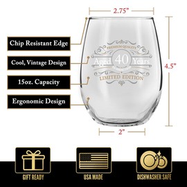 DU VINO Vintage Edition 40th Birthday Stemless Wine Glass for Men and Women (40th Anniversary) 15 oz | Happy Birthday Wine Glasses for 40 Year Old | Classic Birthday Gift, Reunion Gift for Him or Her