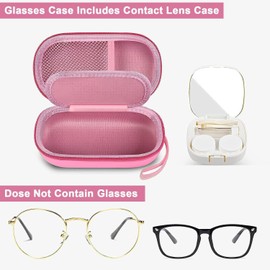 GWCASE Portable 2 in 1 Contact Lens Case and Glasses Case, Traveling Cases Bag Box Holder with Soak Storage Kit Included Built-in Mirror, Tweezer, Contact Lens Solution Bottle and Hand Strap-Pink