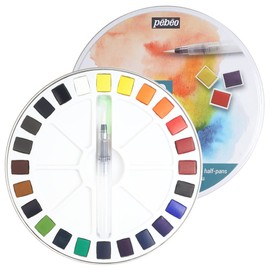 Pébéo - Fine Watercolour Metal Round Box 24 Half Buckets - Pébéo Watercolour Painting Box - Watercolour Palette Kit 24 Half Buckets & 1 Pocket Brush