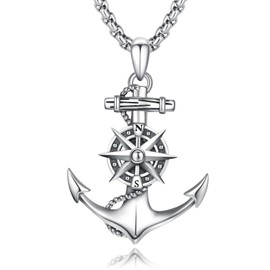 CUOKA Anchor Compass Necklace for Men Women 925 Sterling Silver Nautical Navy Graduation Friendship Travel Talisman Pendant Necklaces Inspirational Anchor Jewelry Gifts for Travelers Graduates Sailors