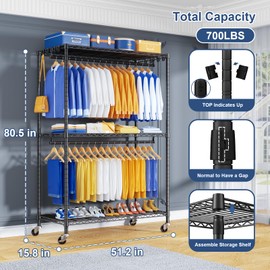 ULIFHOME P8 Heavy Duty Clothes Rack（With Extended Width Design） Rolling Clothing Racks for Hanging Clothes，Portable Garment Rack with Lockable Wheels，51.2" W x 15.8" D x 80.5" H，Max Load 700LBS，Black
