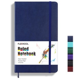 FLEEKOOL A5 Lined Journal Notebook, Leather College Ruled Notebook with 100gsm Thick Lined Paper, 5 inches x 8.25 inches, Hardcover, Inner Pocket-Navy Blue