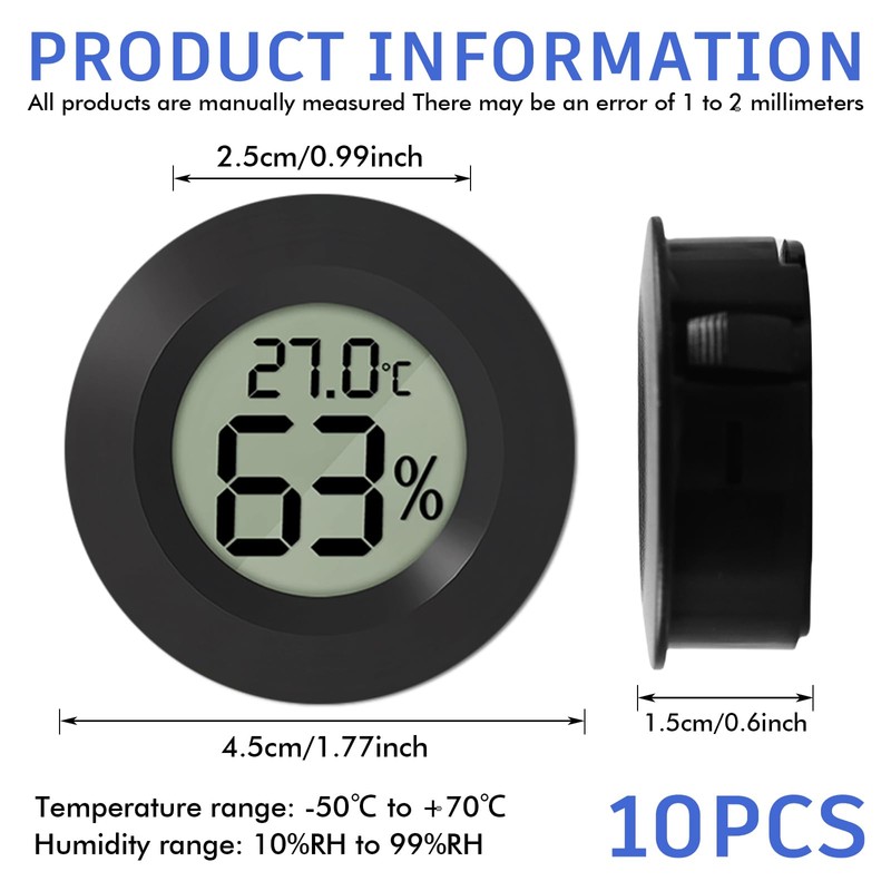 Mini Digital Hygrometer, 10 Pack Mini Hygrometer, ℃/℉ Adjustable, 2-in-1