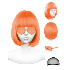 PLANTURECO Orange Wig and Party Sunglasses, Color Bob Wig, Cosplay Wigs and Party Wigs, Rainbow Wig with Neon Glasses Wigs for Women - Bachelorette Party Wigs Decorations Favors (Orange)