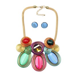 Colorful Bead Crystal Pendant Necklace Earrings Set for Women Big Chunky African Statement Vintage Ethnic Flower Bohemian Female Rhinestone Tribal Jewelry Set, as picture, Crystal, Crystal