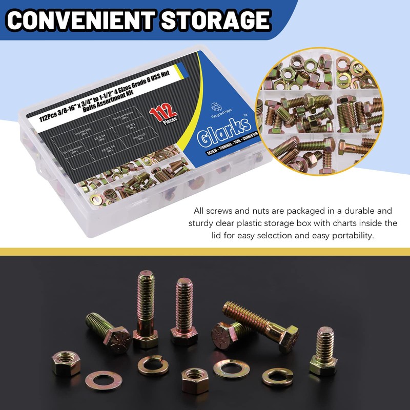 Glarks 112Pcs 3/8"-16 Grade 8 Coarse Thread Hex Bolt, Nut,