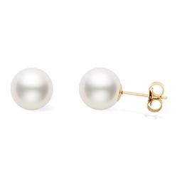 14k Yellow Gold AA+ Quality Japanese White Akoya Cultured Pearl Stud Earrings for Women (9-9.5mm) - PremiumPearl