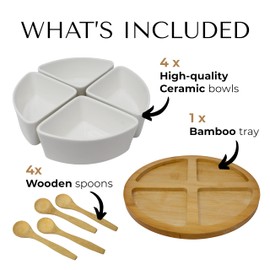 JS Gourmet 4 Ceramic Divided Serving Dishes and Bamboo Platter with Spoons, Condiments Serving Tray Designed for Snacks, Nuts, Fruit, Chip and Dip