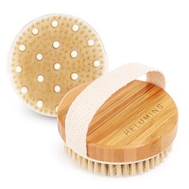 Relumins Wet & Dry Body Brush with Natural Wood Handle - Exfoliating Skin Brush with Boar Bristles & Strap for Smoother, Firmer-Looking Skin