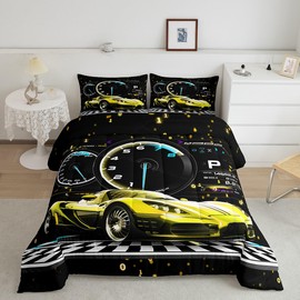 Feelyou Yellow Black Race Car Comforter Set Twin Size, Extreme Sports Car Duvet Set 2Pcs Reversible