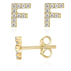 Initial Stud Earrings for Girls 18K Gold Plated CZ Simulated Diamond Stud Earrings Hypoallergenic Earrings for Women (F)