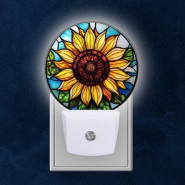 Mearafois Round LED Night Lights Lamp with Dusk to Dawn Sensor, Yellow Sunflower in The Center Night Light Plug Into Wall for Kids Room, Bedroom, Bathroom, Kitchen, Hallway