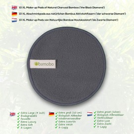 Bamobo reusable bamboo make-up pads, pack of 10, XL10 cm, bamboo activated carbon, antibacterial and hypoallergenic cotton pads, extra large, natural and luxurious