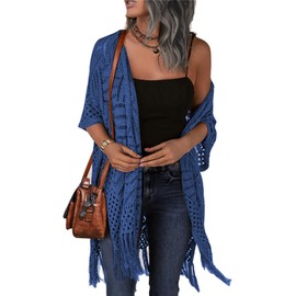 Hotouch Summer Open Sweaters for Womens 2024 Hollow Out Knit Cardigan Short Sleeve Soft Tassel Kimonos Dark Blue L