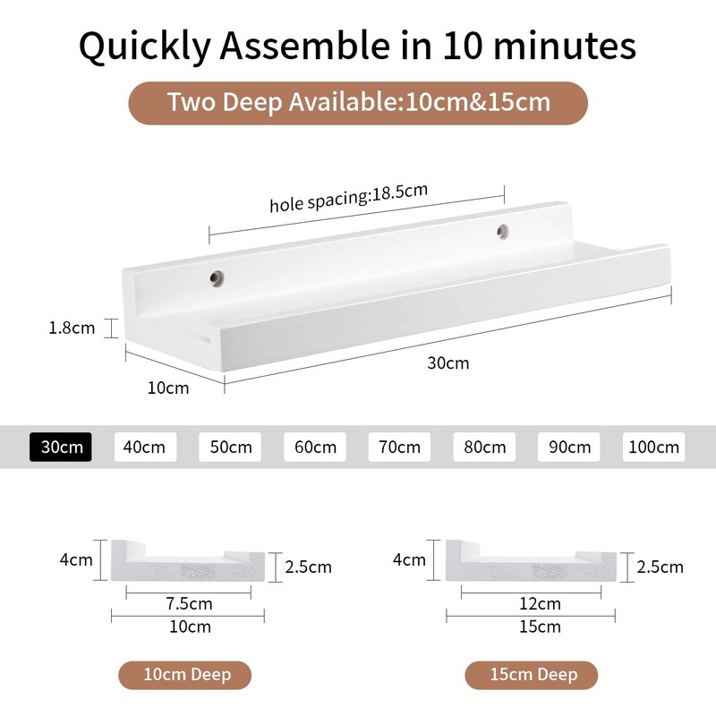 Gieanoo Wall Shelf, White, 30 cm, Picture Shelf, Solid Oak,