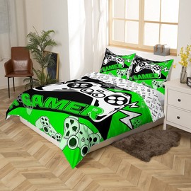 Kids Gaming Bedding Sets Single Size Boys Gamepad Gamer Duvet Cover Set Cartoon Lightning Game Console Comforter Cover Video Games Bedspreads Cover Gamer Room Decor With 1 Pillow Case Green Black