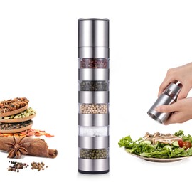ChimimeDecor Travel Salt and Pepper Shakers Mini, Salt and Pepper Grinder Set 5 in 1, Stainless Steel pepper Mill and Salt Shaker Set With Adjustable Coarseness for BBQ Camping Kitchen Travel RV