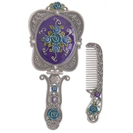 Nerien Antique Mirror Comb Set Vintage Metal Handheld Makeup Mirror with a Comb Russian Embossed Rose Hand Mirror Travel Portable Foldable Mirror Decorative Tabletop Stand Mirror Antique Pewter