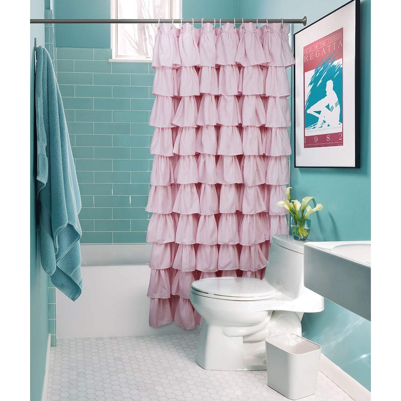 Volens Pink Ruffle Shower Curtain Farmhouse/Rustic Fabric Cloth Shower Curtains
