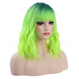 incohair Ombre Green Wigs for Women 14 Inches Short Wavy Neon Green Wig With Bangs Fluorescent Green Short Wigs for Cosplay Party Daily Wigs Wig Cap Included