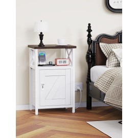 runjuly Wooden Nightstand with Lock, Bed Side Table with Drawers, Bedside Table with Charging Station, 3 USB & 2 Outlets, Night Stand with Storage, End Tables for Living Room, Bedroom, Dorm, Walnut