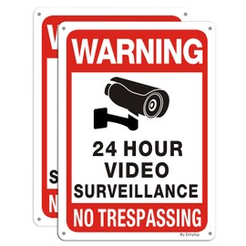 24-Hours CCTV Video Surveillance No Trespassing Warning Sign, 2 Pack 25x18cm Metal Warning Sign for House&Yard, Pre-Drilled Holes for Easy Mounting, Rust-Free/Fade Resistance Aluminium