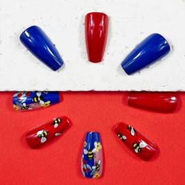 Independence Day Press on Nails Medium Coffin Fake Nails with Bee Flower Star Design Red Blue Flag False Nails 4th of July Glue on Nails Glossy Summer Stick on Nails for Women Girls Manicure 24Pcs