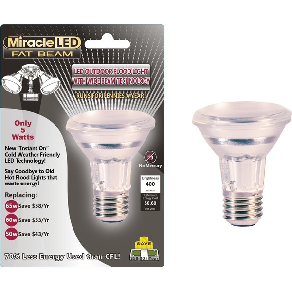 Miracle LED 603005 5 Watt "Fat Beam" Wide Angle Flood Light Security Bulb, Cool White