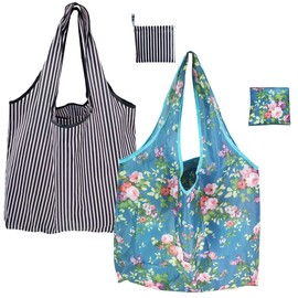 FAVORTALK Reusable Shopping Bags Foldaway Waterproof - 2 Pcs Folding Washable Shopper Bags for Women Girls Ladies Lightweight Strong & Durable Grocery Bags Foldable Shop Tote Bags for Life - 8707