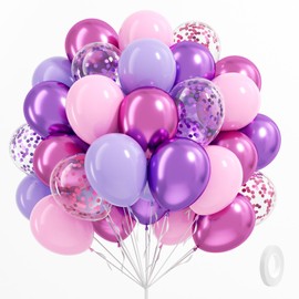 61pcs Pink and Purple Balloons, 12 Inch Purple Pink Confetti Balloons, Metallic Pink Purple Balloons with Ribbon for Bridal Baby Shower Wedding Women Birthday Party Decorations